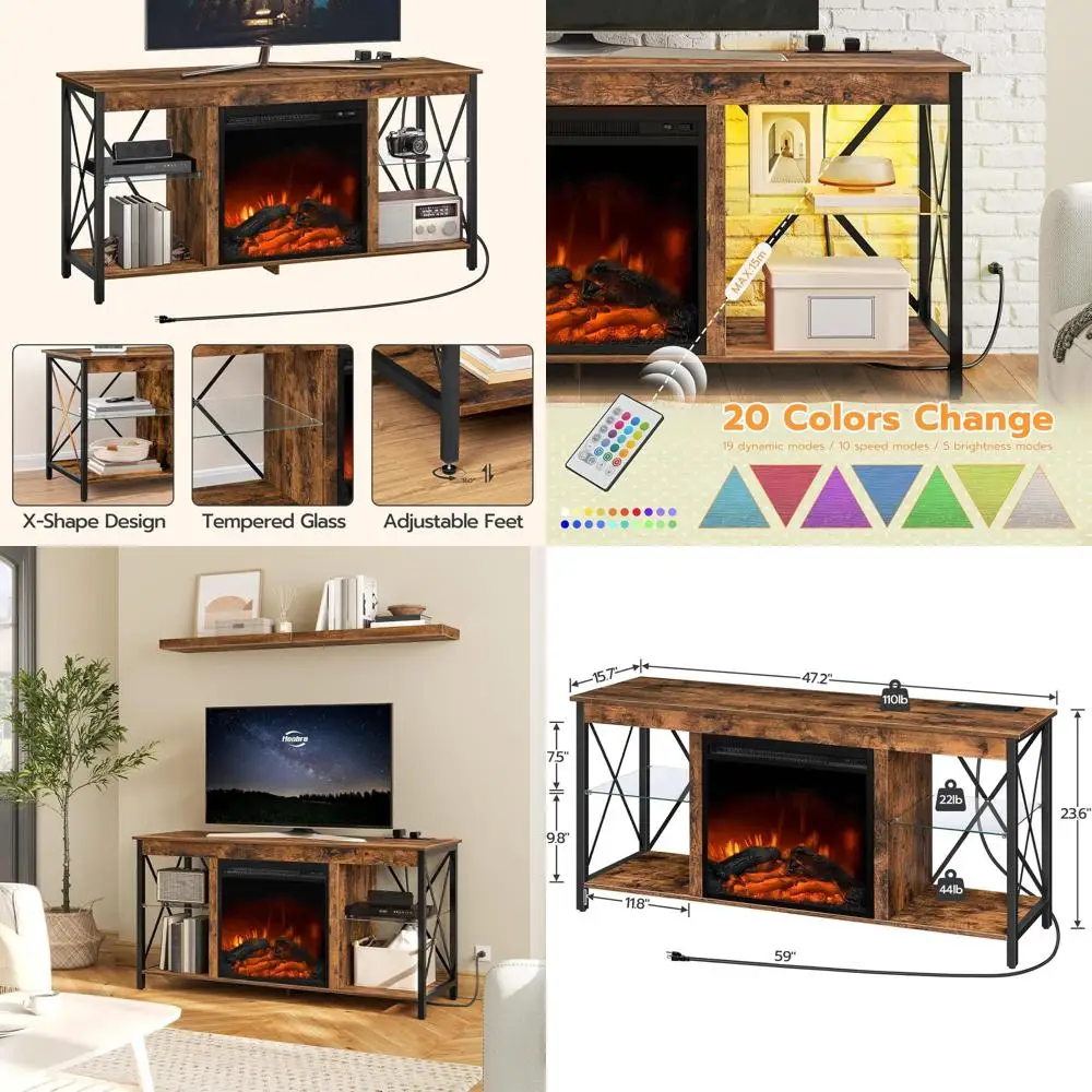 

Тумба под телевизор 55 дюймов с зарядной станцией, светодиодной подсветкой, развлекательным центром и стеклянными полками, цвета: рустик-коричневый и черный