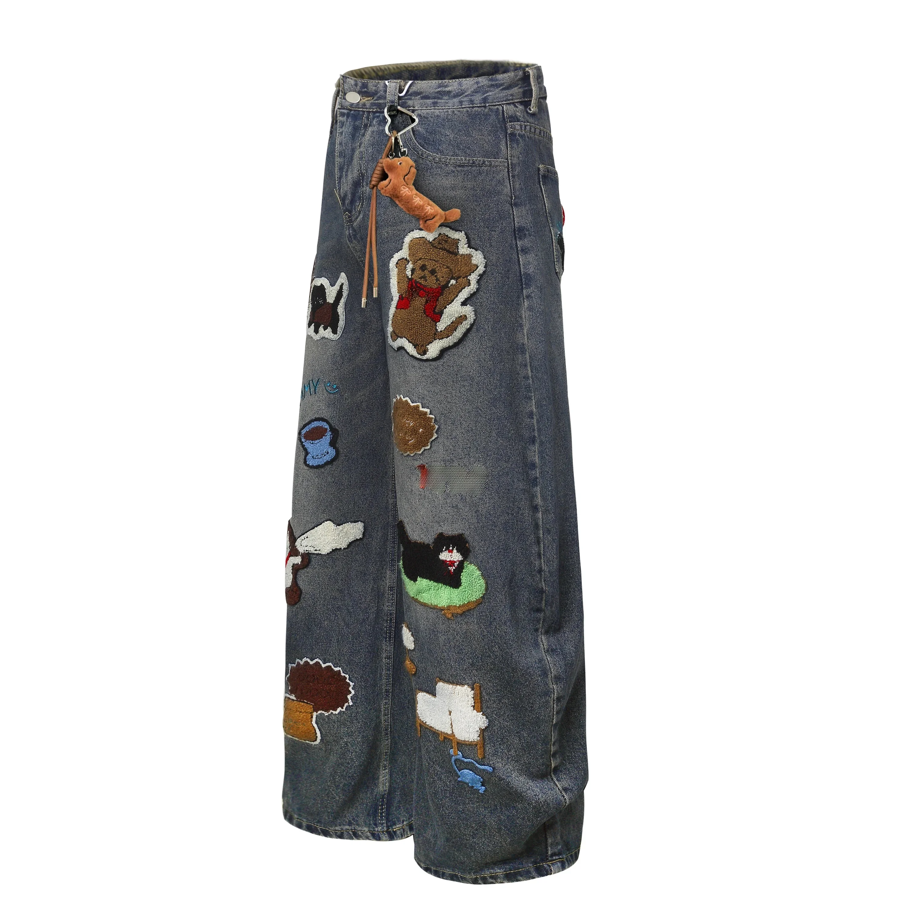American Retro Lazy Style Plush Doggie Denim Pants High-End Feelings Girls Heart Heavyweight Casual Style Autumn 2025