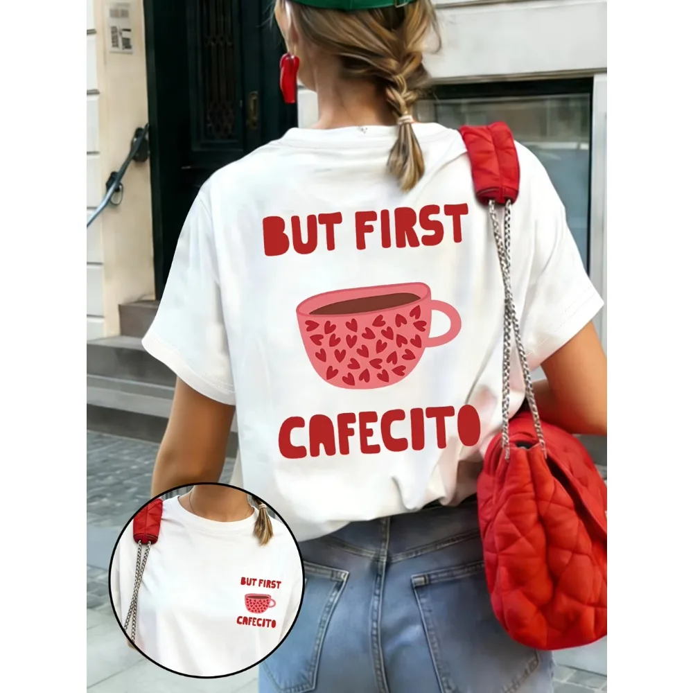 But First Cafecito Coffee Graphic T Shirt Women Men Summer Casual Short Sleeve Crew Neck Loose Tee Harajuku Kawaii Heart Cup Top
