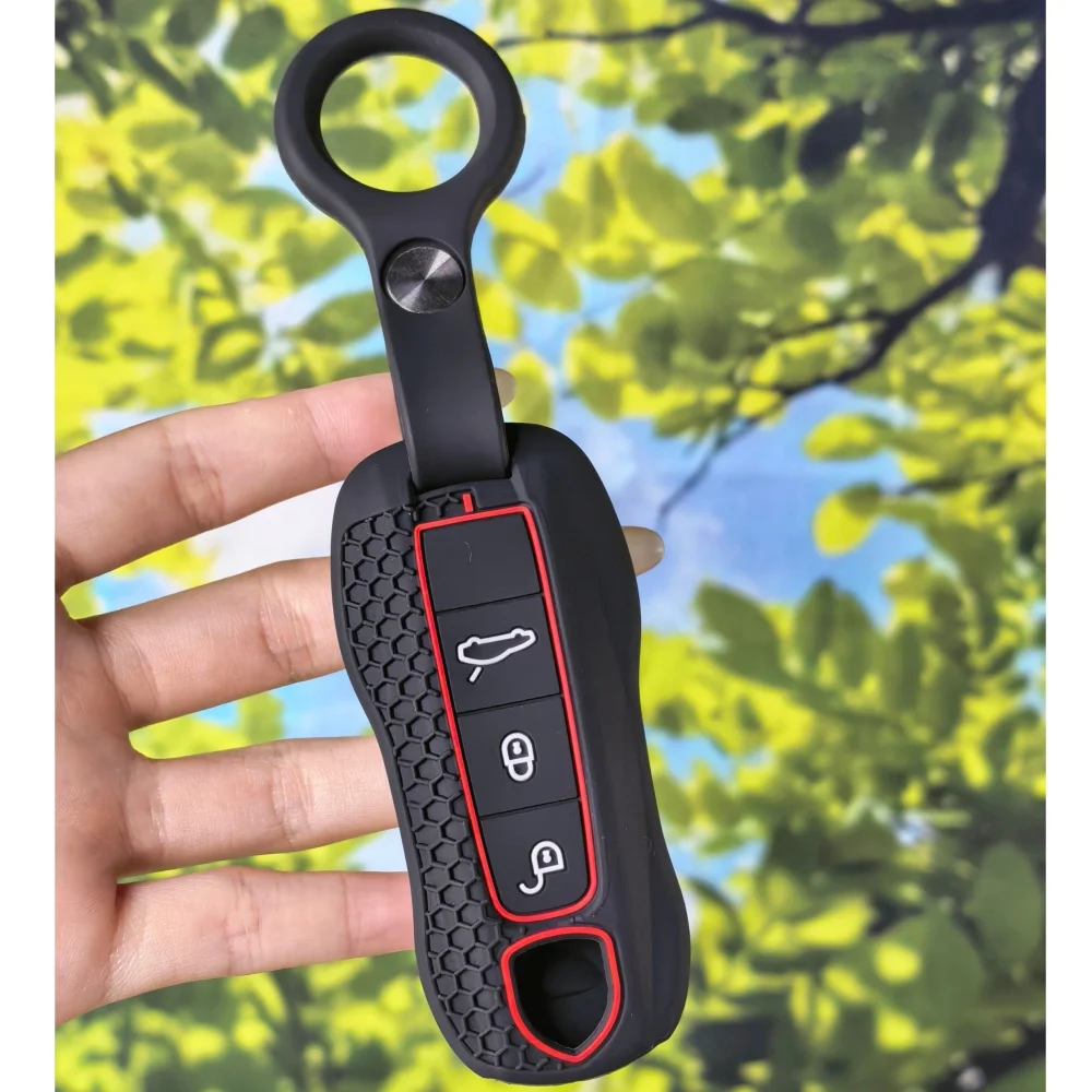Grid Red Trim Silicone Key Cover With Keychain FOR Porsche Cayenne 958 911 Macan Boxster Panamera 718 971 Car Key Protector