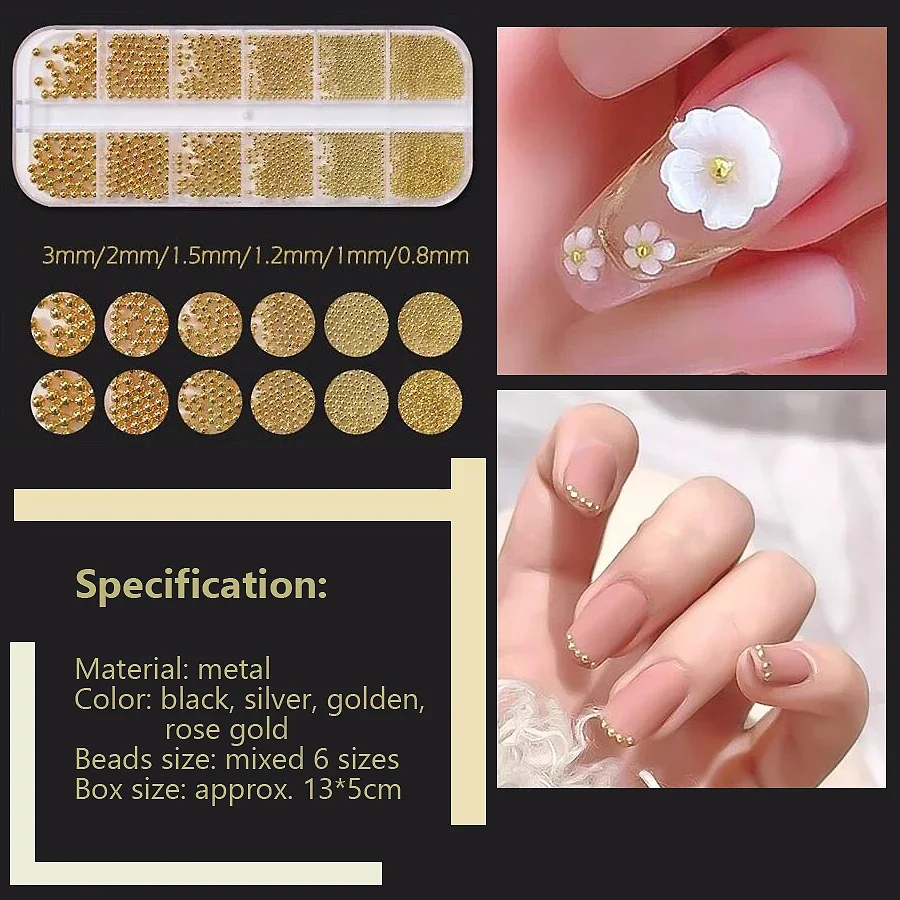 12 حجرة من خرز الكافيار المعدني لفن الأظافر، خرز أظافر معدني مع صندوق لتزيين الأظافر