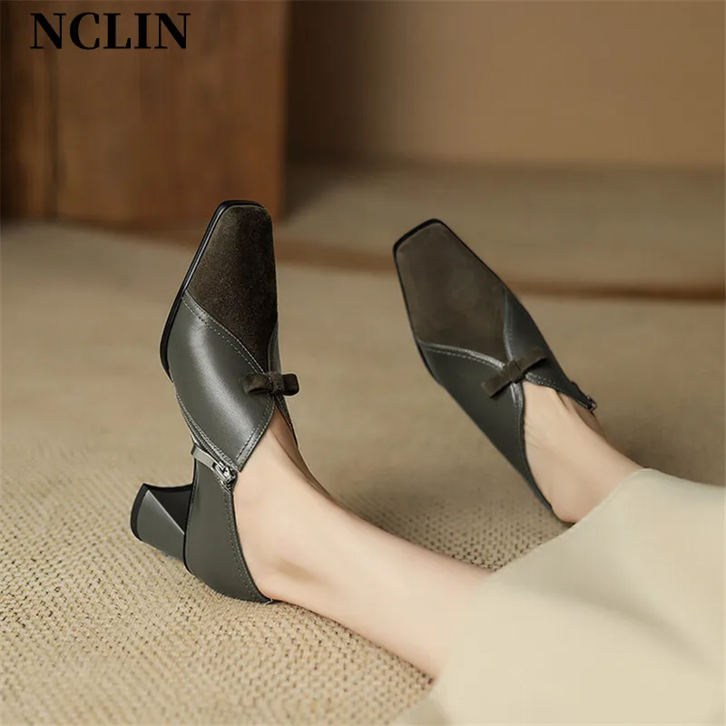 2024 Autumn Women Loafers Genuine Leather Square Toe Chunky Heel Shoes Winter Women Pumps Shoes For Women Handmade Zaptos Mujer