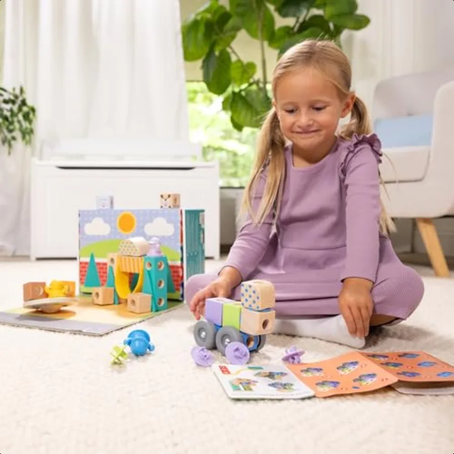 Melissa Doug Blockables Town Snap and Play Mix and Match Aansluitbare houten bouwstenen Speelset Speelgoed voor kleuters en