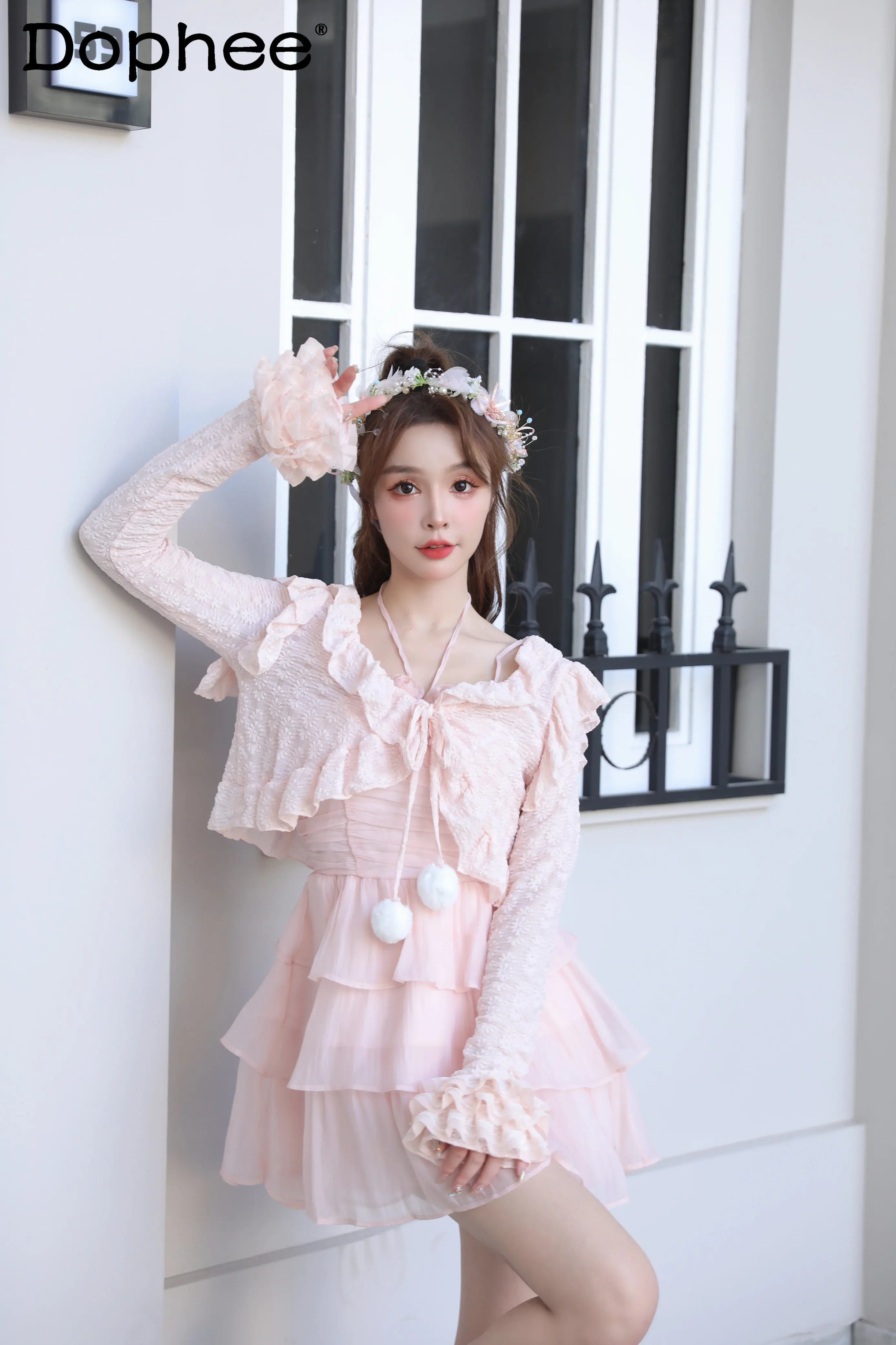 Lolita Bowknot Lace-up Fur Ball Cake Wooden Ear Loose Hollow Lace Cardigan Tops Spring Summer Sun Protection Short Coat Women