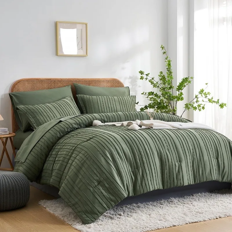 

Queen Comforter Set,7 Pieces Bed in a Bag Green Tufted Comforters Queen Size,Stripe Textured Soft Microfiber All Season Bedding