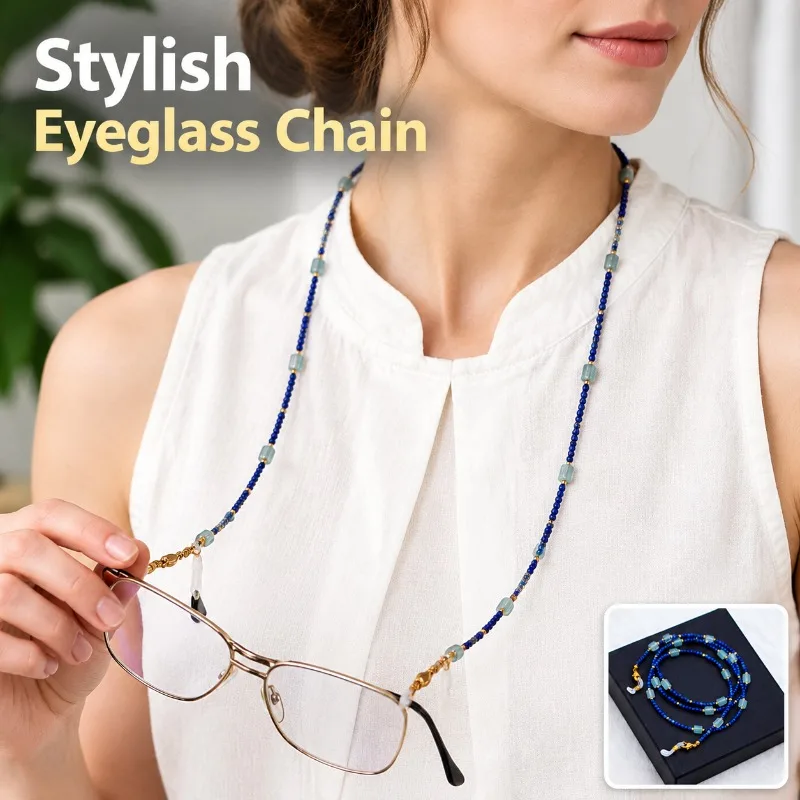Lapis Lazuli Jade Barrel Bead Eyeglass Chain, Vintage Multi-Way Beaded Glasses Chain, Fashion Sunglasses Lanyard Neck Strap