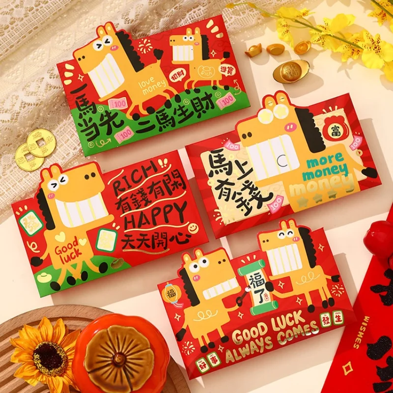 

4Pcs Chinese New Year Lucky Red Envelope 2026 Horse Year Kids Gift Bag Money Pocket Envelope Zodiac Horse Red Packet