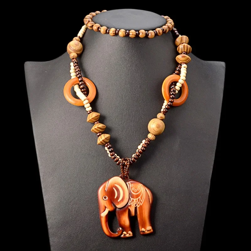 Boho Ethnic Style Long Hand Made Bead Wood Elephant Pendant Necklace Sweater Chain for Women Fashion Neck Jewelry Party Gifts