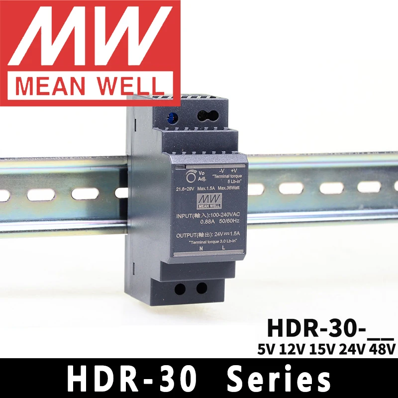 Oryginalny zasilacz Mean Well HDR-30-5/12/15/24/48 meanwell 15W AC/DC Ultra Slim Step Shape do montażu na szynę DIN