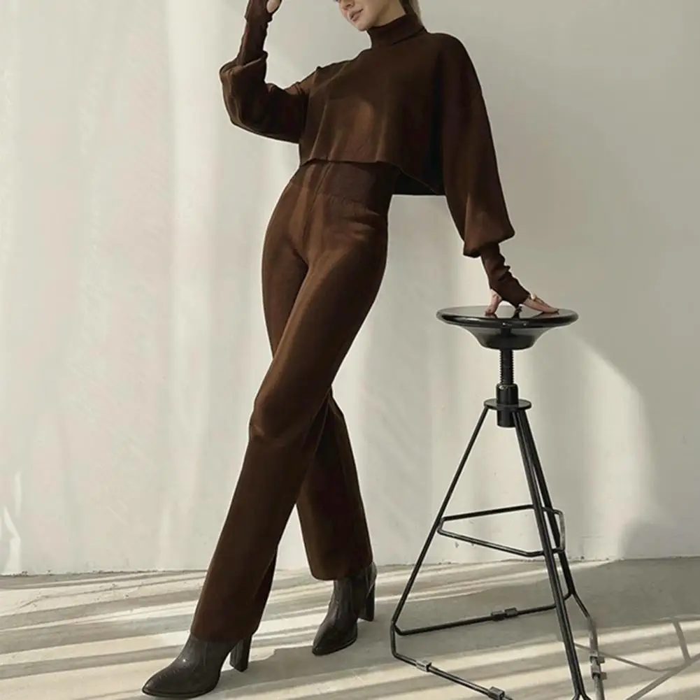 Women Top Pants Set Loose Long Sleeve Turtleneck T-shirt Elastic Waist Wide Leg Pants Autumn Winter Lady Blouse Trousers Set