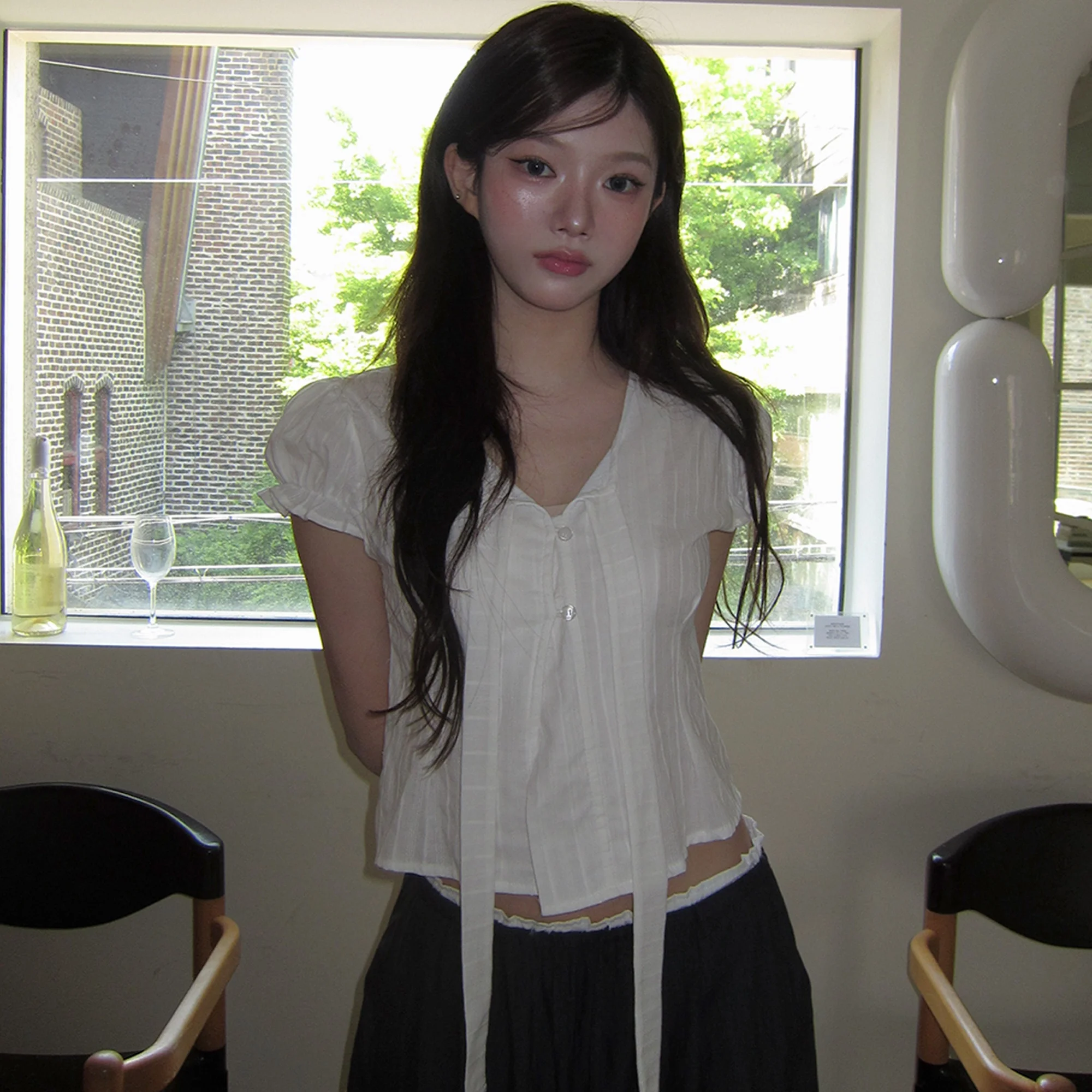 Coreano Sle Chic Simple elegancia irt mujer Faion Bubble Sve suave Sle tamaño pequeño corbata ort Top v-ne ort Sve