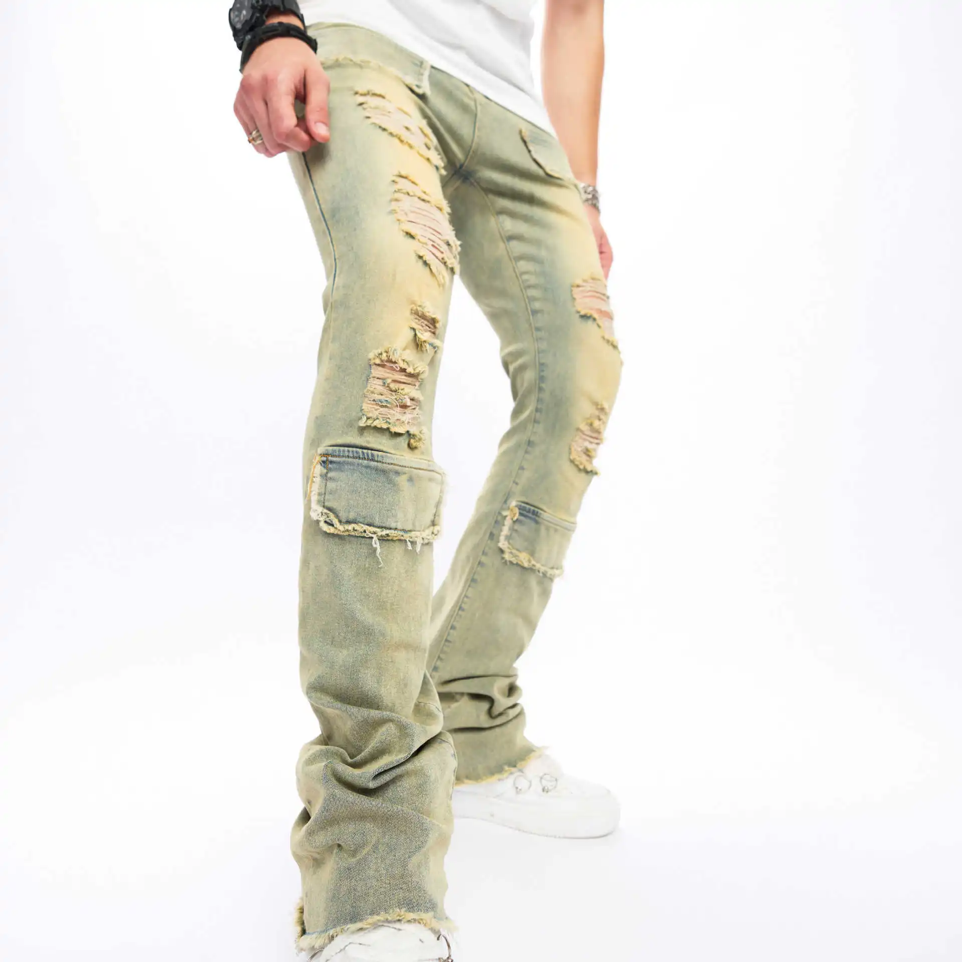 New Retro And Old Washed Jeans Men's Ripped Rough Edge Slim-fit Elastic Pants