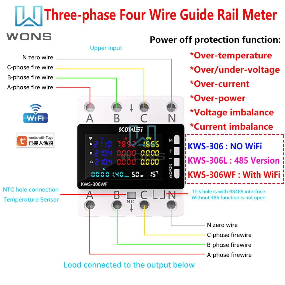 

3 Phase Wifi Energy Meter Tuya WiFi Smart Power Meter Voltage Current DIN Rail Over Under Voltage Protector Electricity Meter