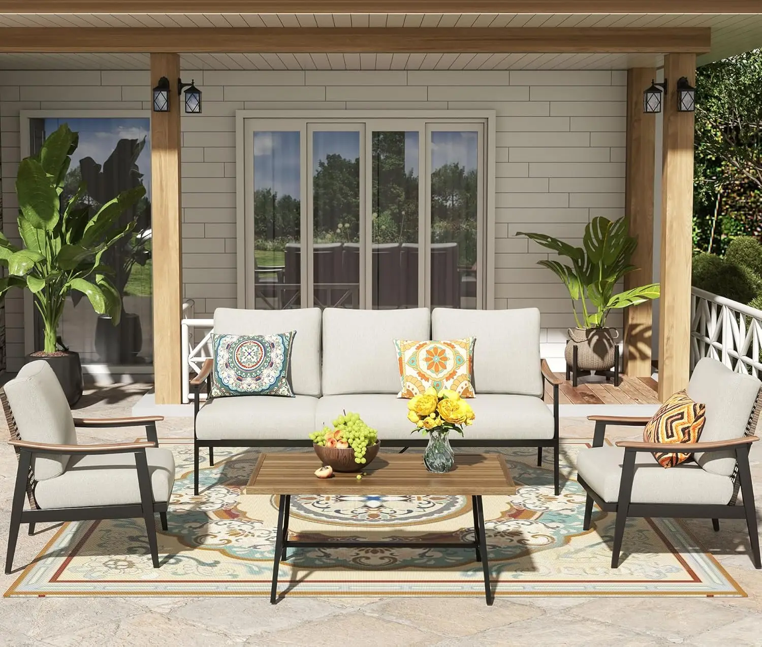 

6 Pieces Patio Furniture Set, Furniture Sofa Sectional Metal Patio Conversation Set with High Back Wicker Backrest & Loveseat