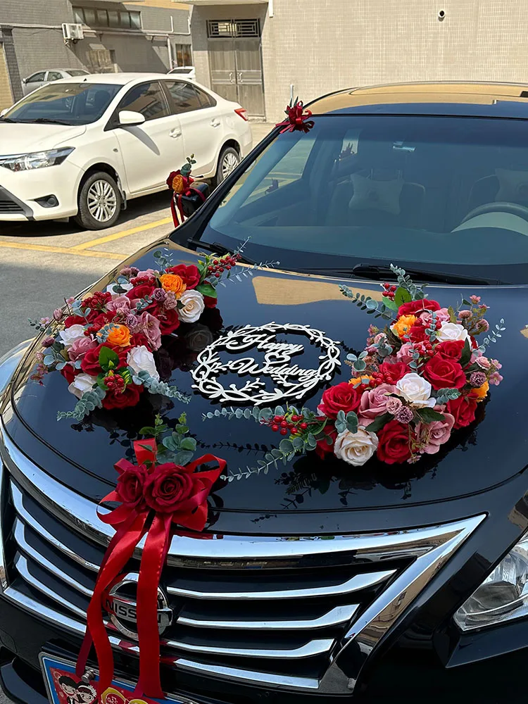 Flower wedding car, main car decoration, suction cup style simulation head car flower set