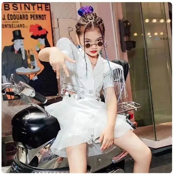 

Flying Shoulder Fringed Jazz Dancing Clothes Girls Kids Rave Festival Clothing Catwalk Show Stage Costume Kpop Outfit