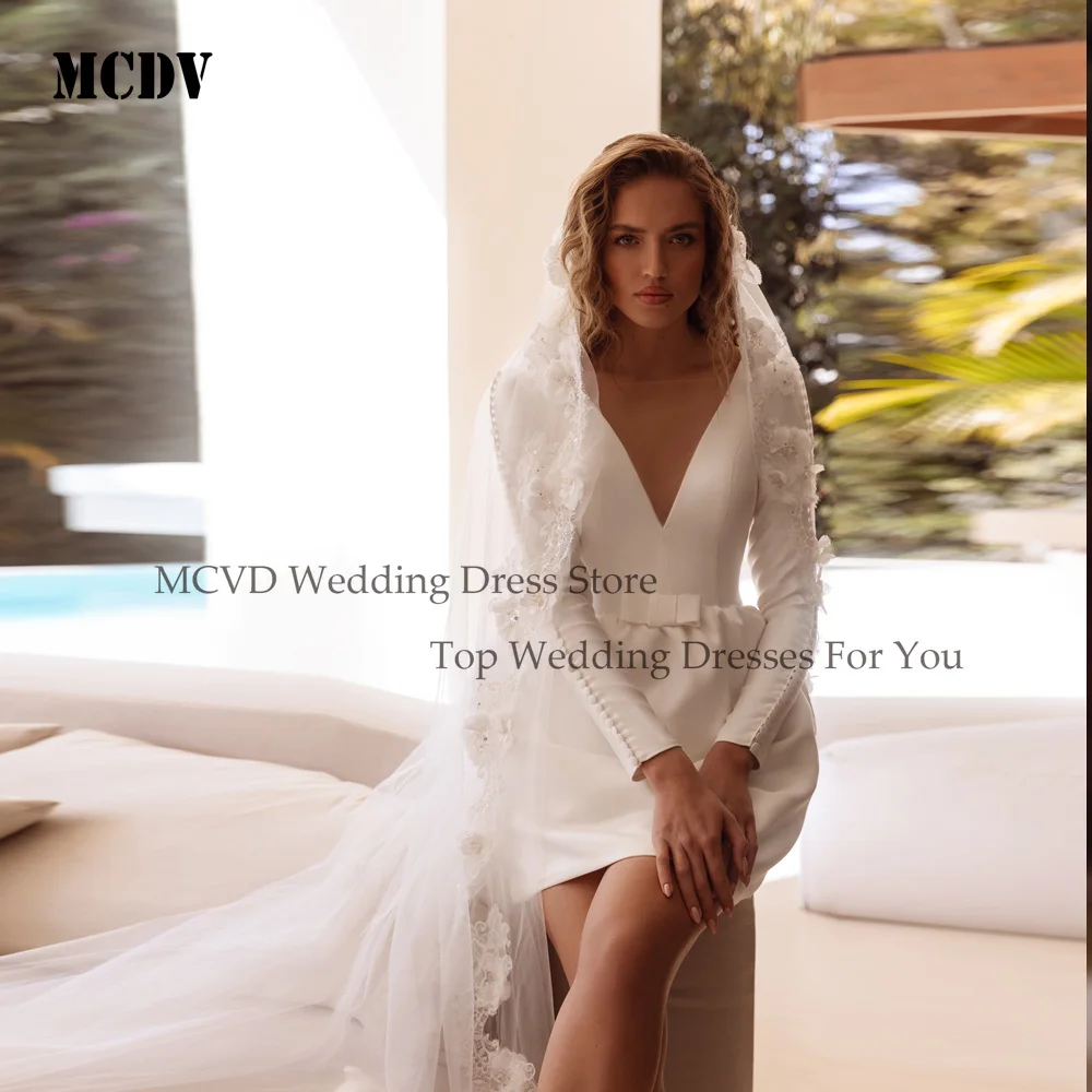 Mcdv vestidos de casamento curtos de manga comprida com botão reto duplo decote em v mini vestido de noiva princesa vestidos de novia personalizados