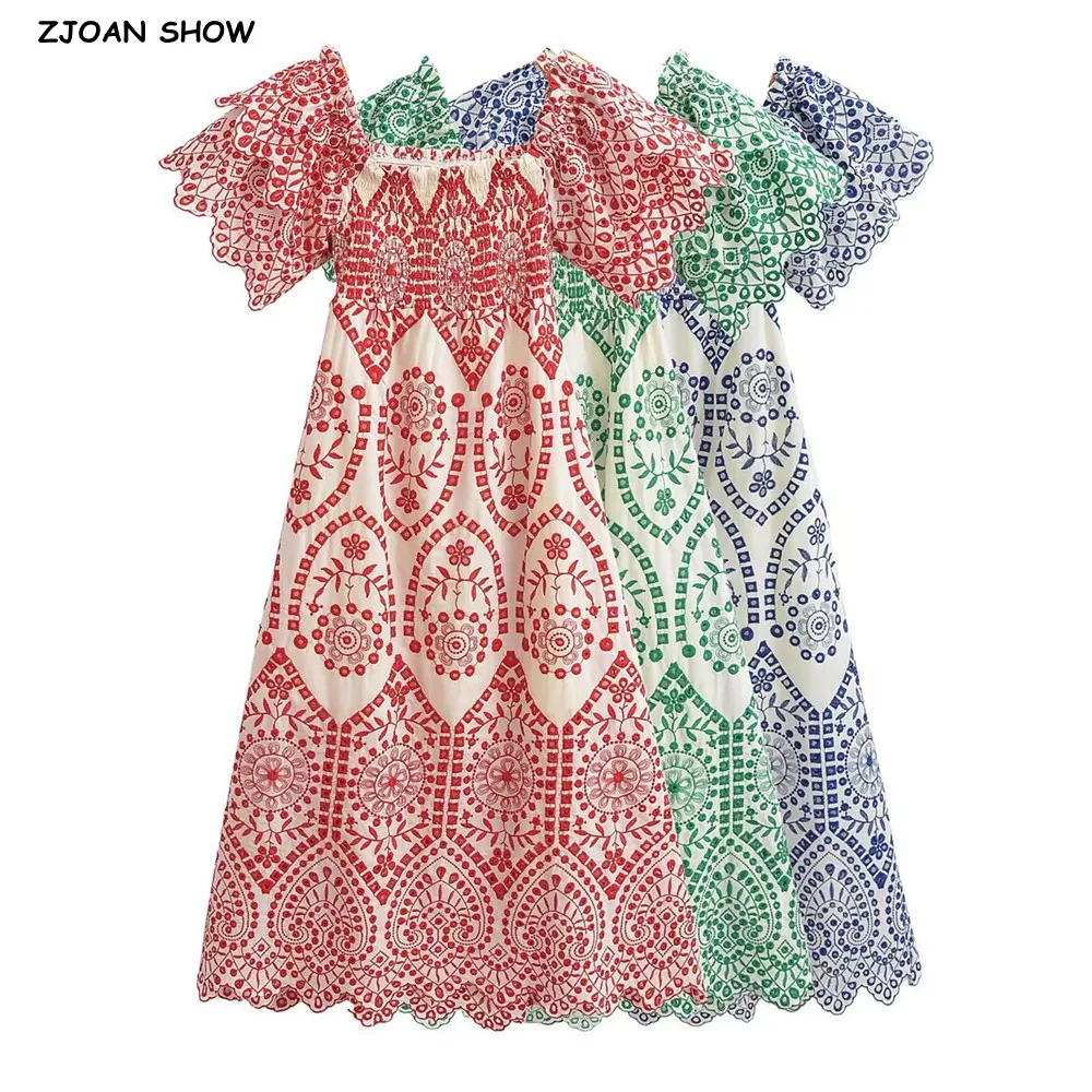 

2025 BOHO Blue White Floral Embroidery Hollow Out hole Backless Dress Women Ruffles Cuff Short Sleeve Midi Long Dresses Robe