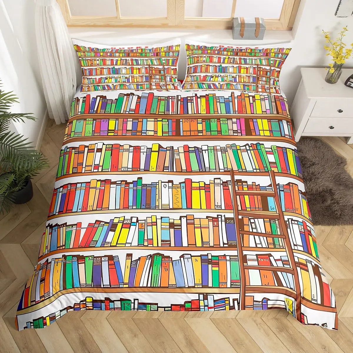 Vintage Library Duvet Cover Retro Bookshelf Bedding Set Literary Books Themed Quilt Cover King Queen Polyester Comforter Cover