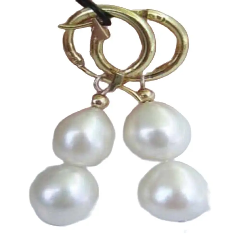 Noble Jewelry Natural 10-12MM AAA White Pearl Earrings 14K/20 YELLOW GOLD Hook