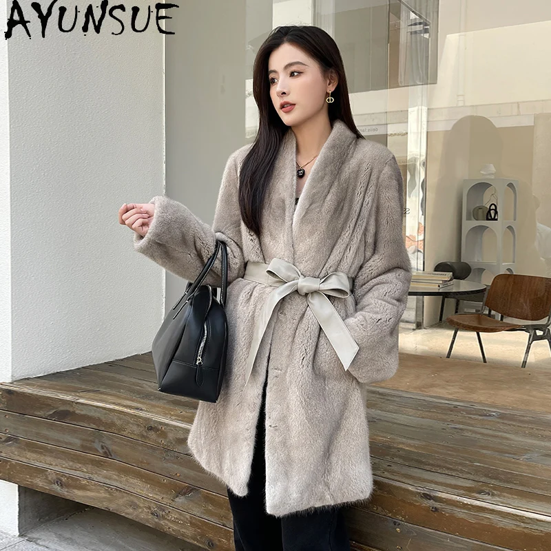 AYUNSUE 2025 معطف فرو حقيقي من المينك بالكامل لخريف وشتاء المرأة متوسطة الطول ورقبة على شكل حرف v معطف فرو منك طبيعي ملابس نسائية شوبانا Жénarska