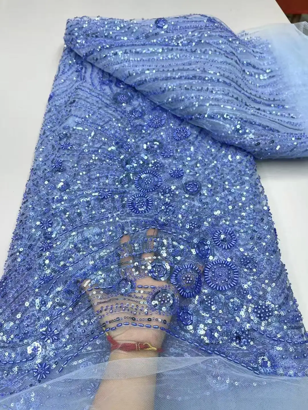 

Navy Blue 5 Yards African Sequins Lace Fabric 2024 High Quality French Sequins Beaded Tulle Lace Fabric For Sewing Party Dresses