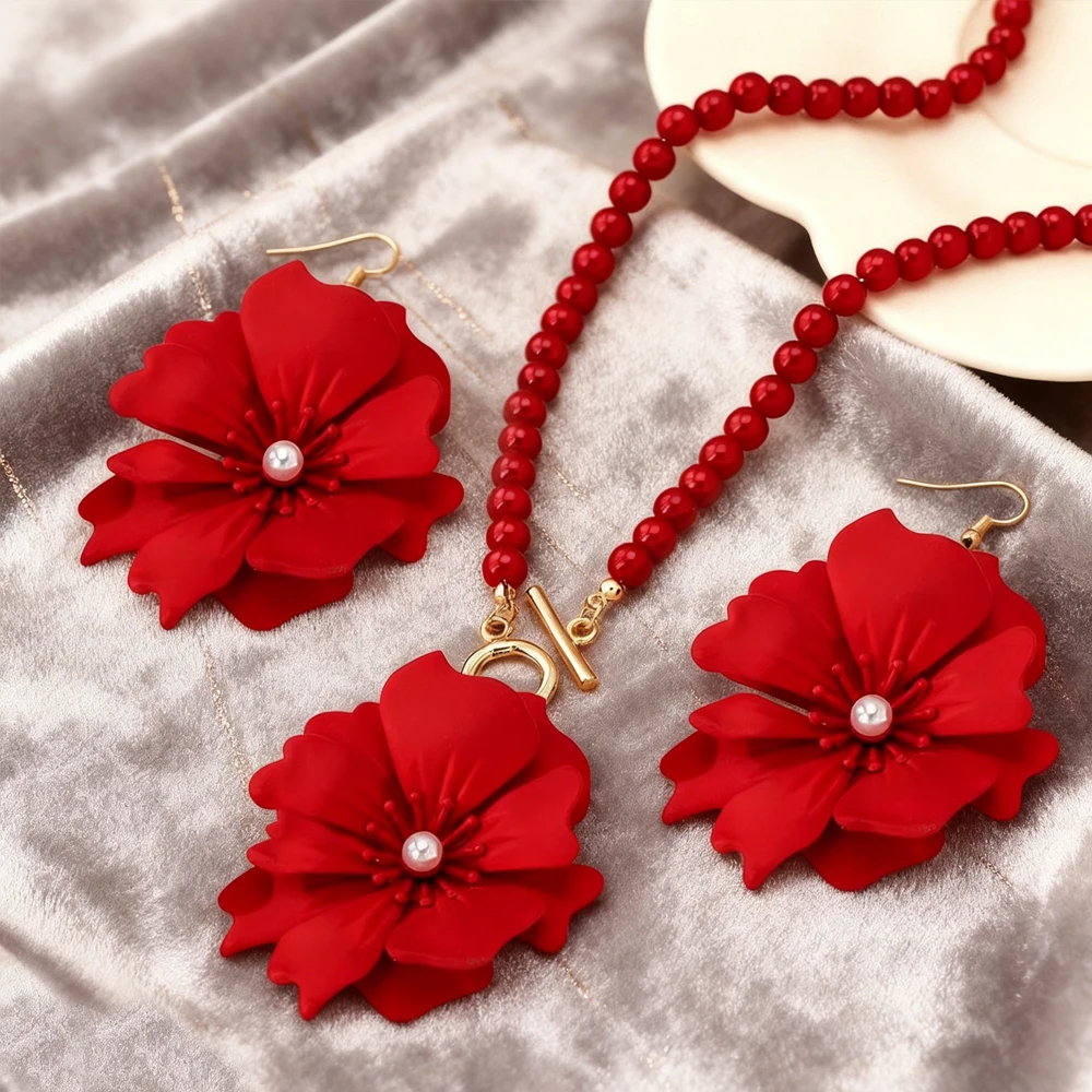 1 Set of Elegant and Stylish Necklace and Earrings Jewelry Set, French Romantic Court Style, Faux Pearl Double-Layer Three-Dimensional Large Flower Jewelry