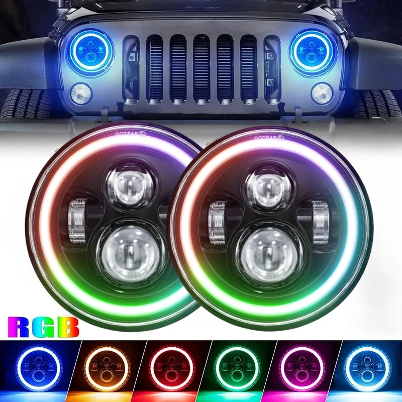 

7 inch Angel Eyes LED Headlight Round H13 H4 LED Lamp with High/Low Beam and DRL 6000K Colorful Angle Eye Light