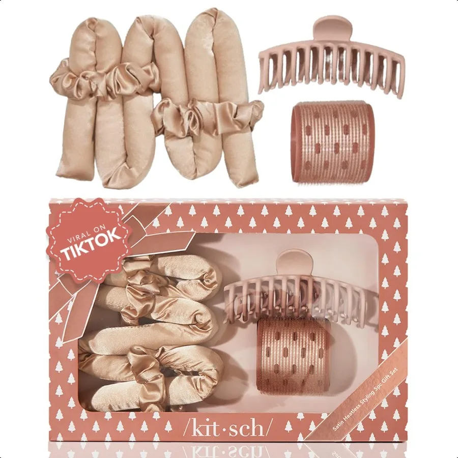 

Satin Heatl Hair Curler Styling 5pc Gift Set Satin Heatl Hair Curler w 2 Scrunchies Ceramic Thermal Roller Claw Clip Gifts for