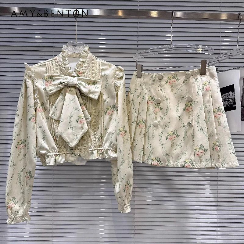 

French Holiday Style Design Floral Pattern Shirts 2026 Spring New Sweet Temperament Double-breasted Short Skirts Suits Ladies