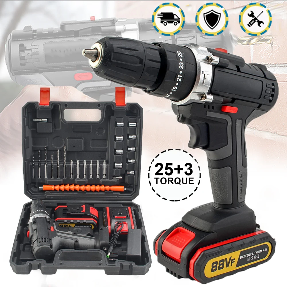 Perceuse à percussion sans fil 21V, perceuse à percussion électrique, batterie Lithium-Ion 25 + 3 réglages de couple, tournevis électrique à 2 vitesses, outils électriques