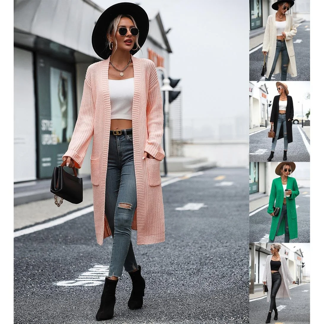 

Pure Color Knitted Sweater Women's ket Outerwear Autumn Winter New Sle Cross-Border Long Sve Cardigan Ladies Faion