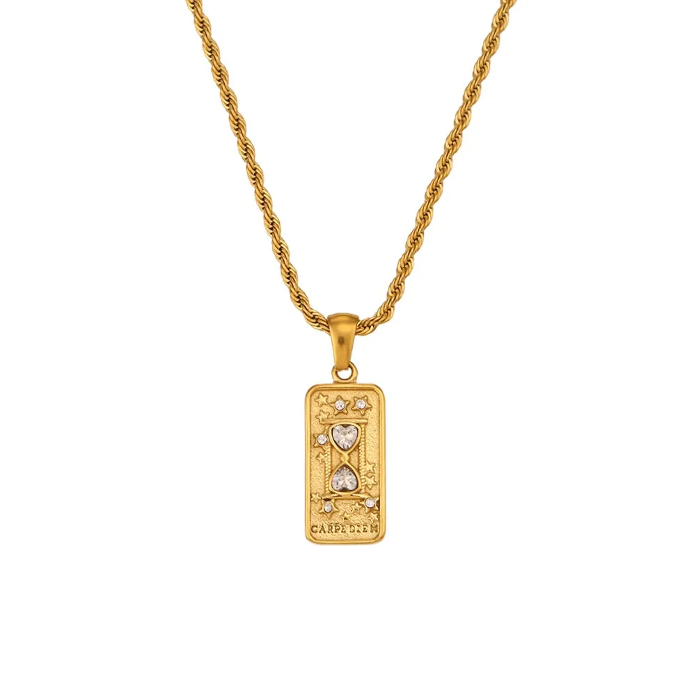 

2025 New Necklace Fashionable Retro Zircon Tarot Pendant Rectangular Dripping Oil