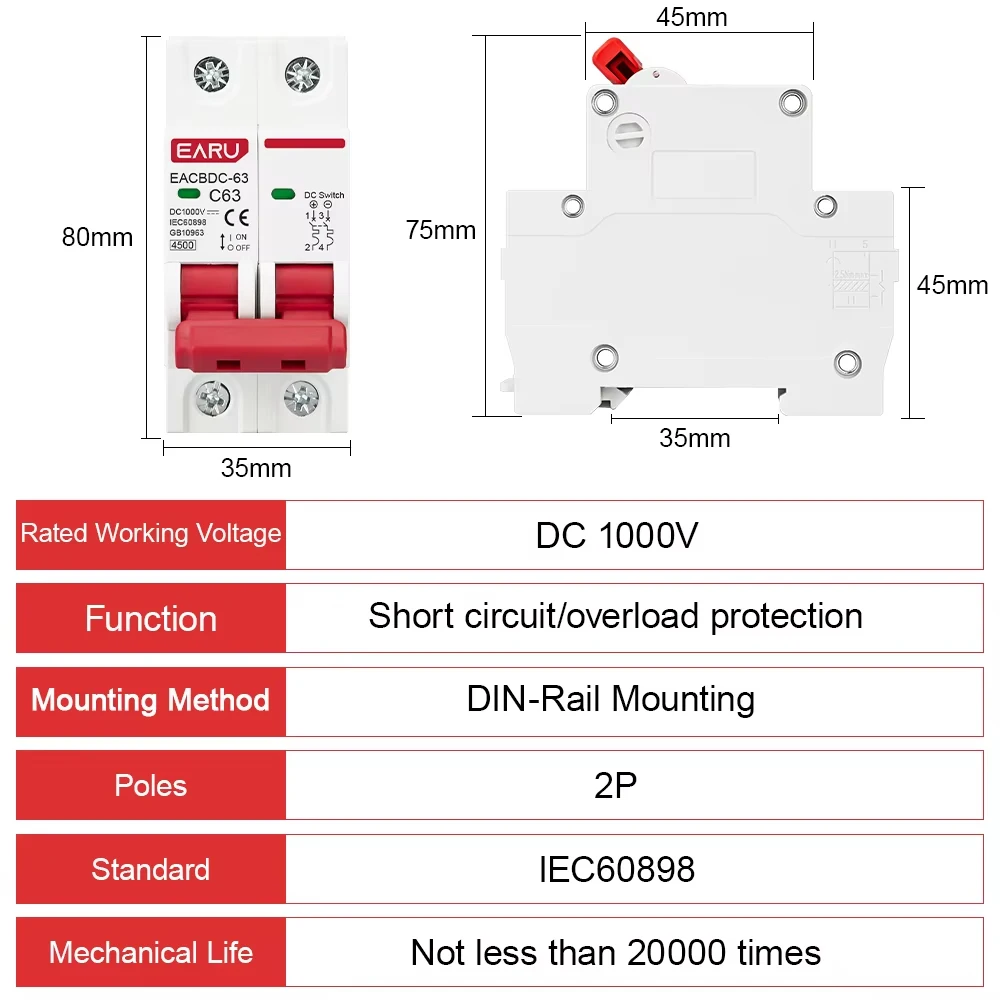 2P DC 1000V MCB Solar Mini Circuit Breaker Overload Protection Switch 6A 10A 16A 20A 25A 32A 40A 50A 63A DC1000V Photovoltaic PV