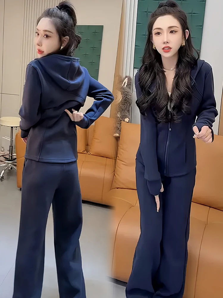 캐주얼 스포츠웨어 세트 여성용 루즈핏 후디 와이드 레그 팬츠 투피스 세트 가을 겨울 신상 플러스 사이즈 패션