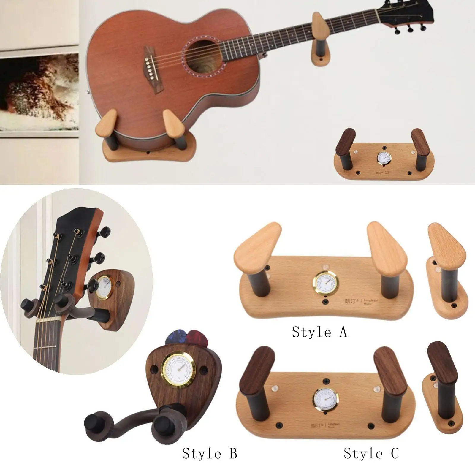 

Wall Mounted Guitar Holder Hook Wood Base Stand with Hygrometer Flexible Ukulele