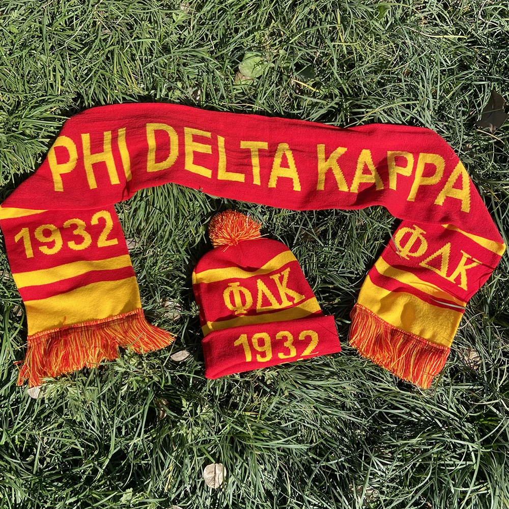 Phi Delta Kappa red and yellow knitted 1932 scarf and hat set