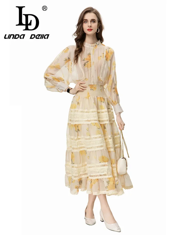 LD LINDA DELLA Fashion Designer Summer Dress Women\'s Bohemian Floral Print Chiffon Hollow Out Embroidery Elastic Waist Dresses