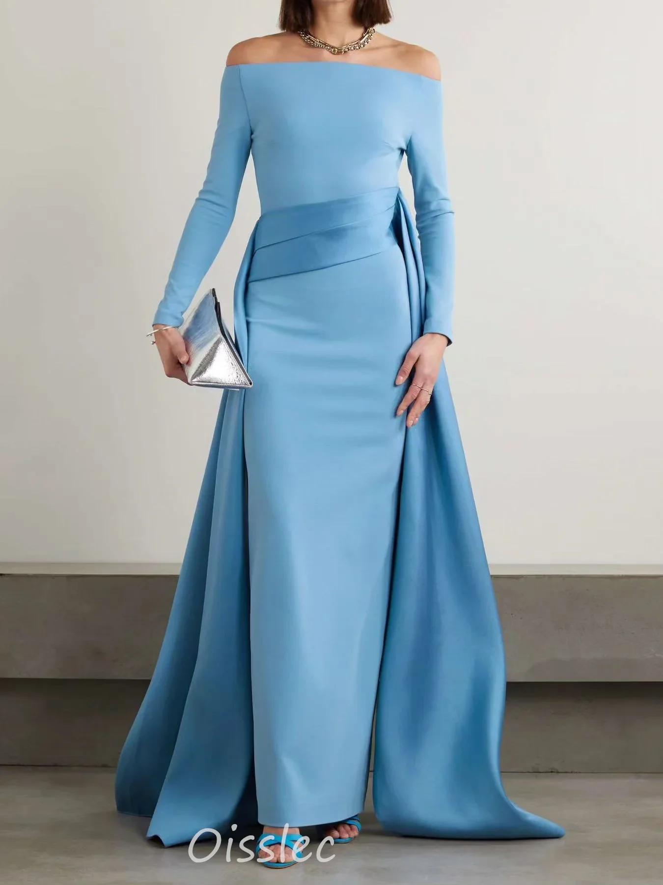 Oisslec Off Shoulder Formal Evening Dresses Blue Simple Formal Occasion Gown Elegant Boat Neck Prom Dress For Ramadan 2024