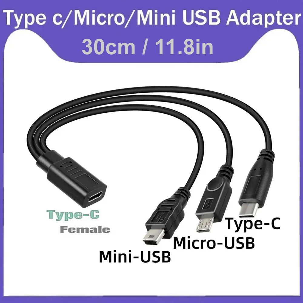 USB C hembra a Mini USB/Tipo C/Micro USB múltiples dispositivos Cable de carga USB tipo C Cable divisor de extensión 5V 3A