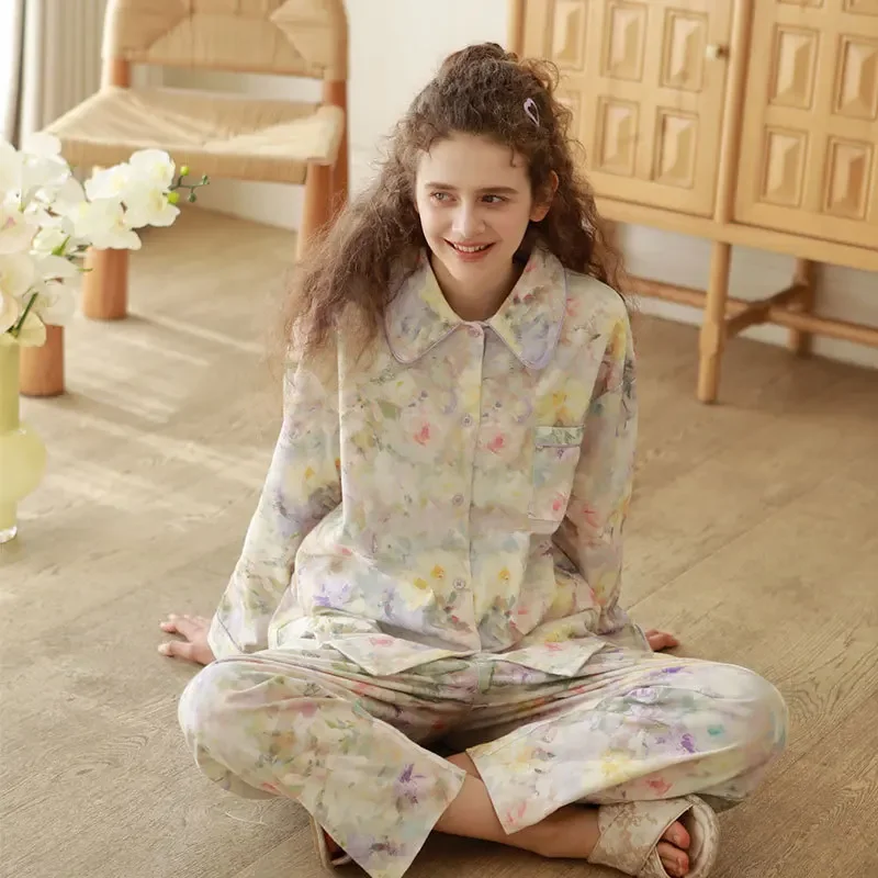 

Women's Warm Flannel Pajamas Set Cozy Cotton Floral Print Sleepwear with Long Sleeves Winter 2-Piece Aesthetic Loungewear