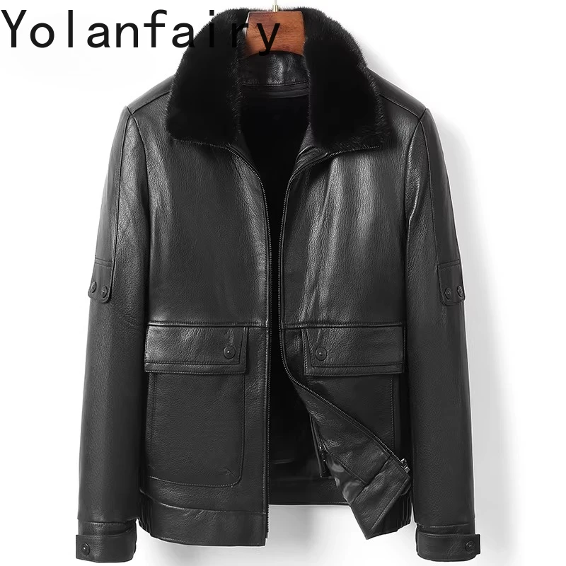 YOLANFAIRY Real Goatskin Genuine Leather Jacket Men Winter Luxury Mink Fur Liner Coat Man Clothing Lapel Short Real Fur Coats