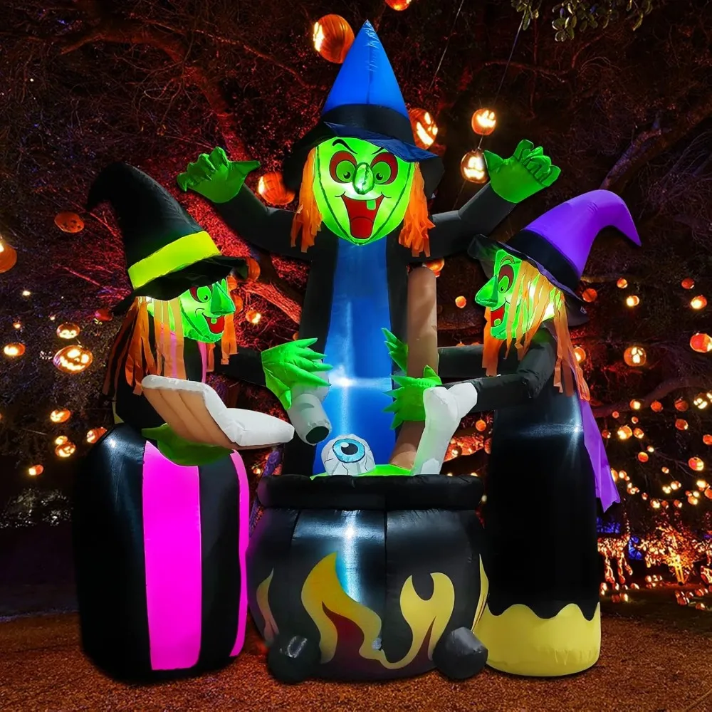 Halloween Outdoor Inflatable Decoration: 6-Foot Tall Trio of Witches with LED Lighting for Yard and Lawn