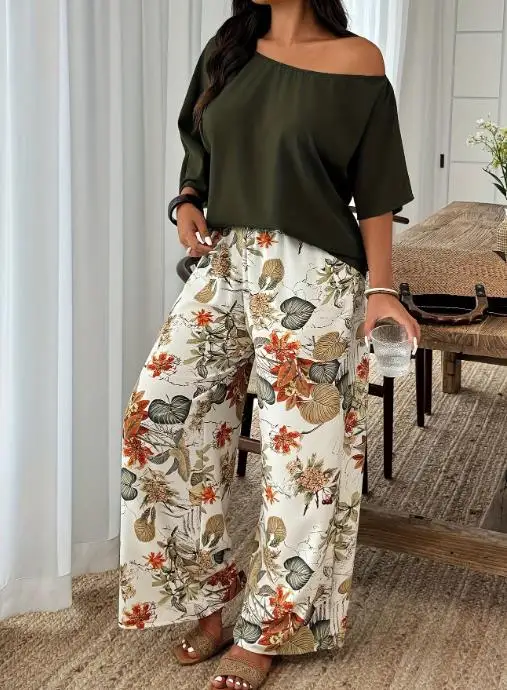 

Two Piece Set of Women's Plus Size Solid Color Slanted Shoulder Collar Shirt with Plant Print Wide Leg Pants