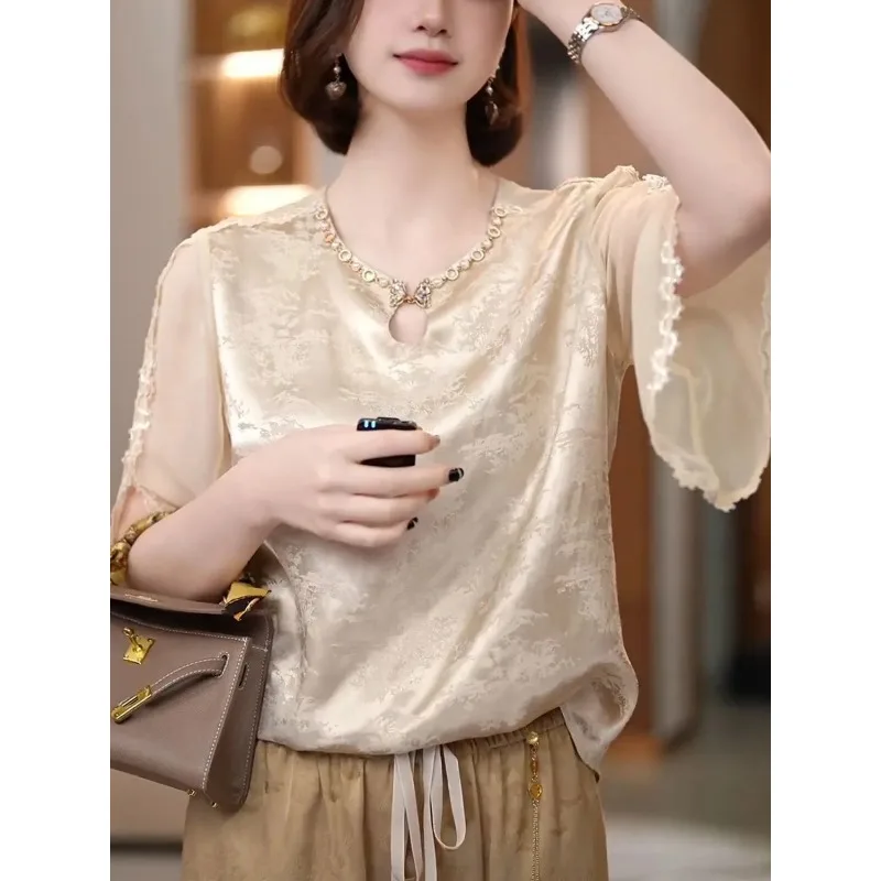 

Женская атласная блузка цвета шампанского с вышивкой, расшитая бисером, с v-образным вырезом и прозрачными рукавами, роскошный элегантный повседневный офисный топ для вечеринок