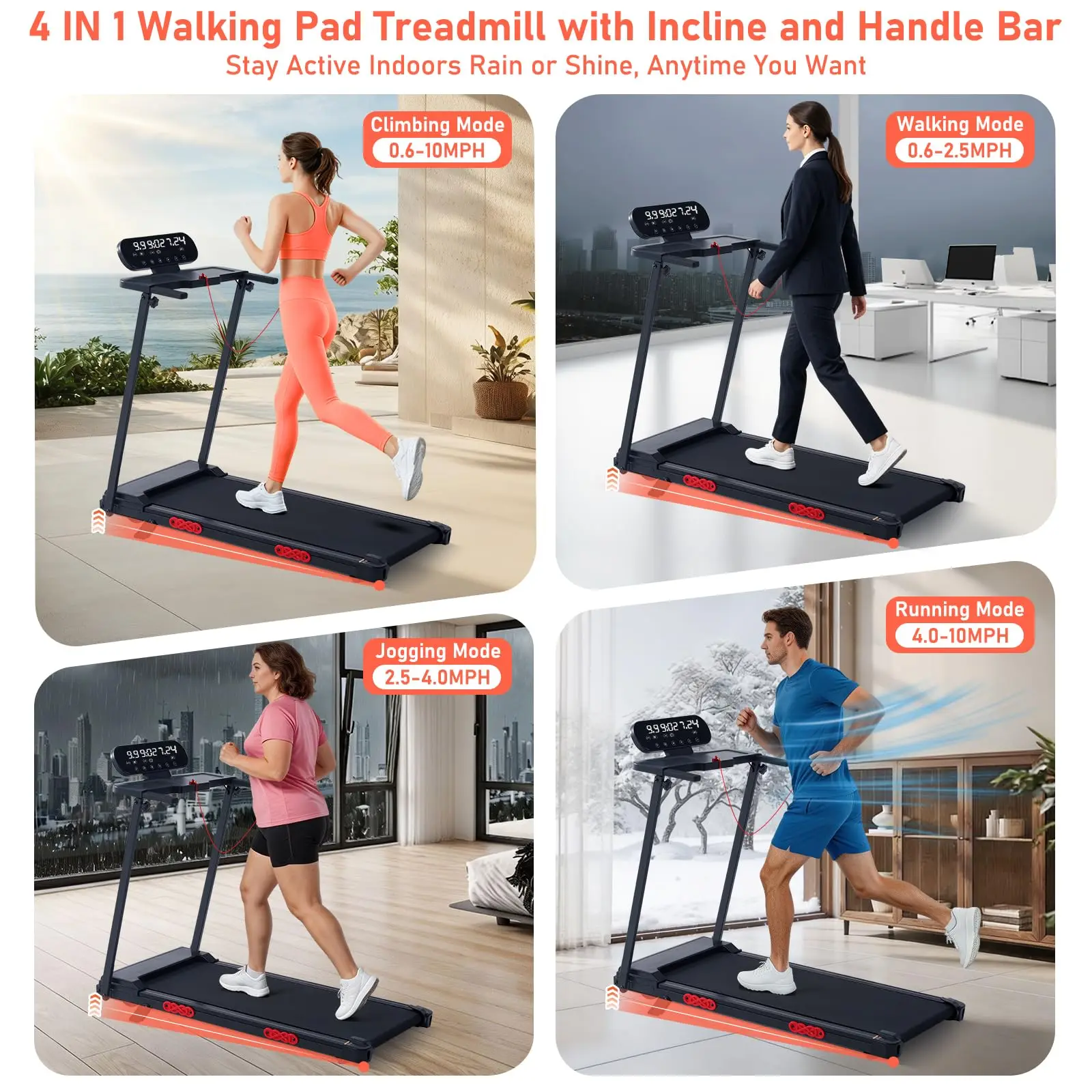 Portable Walking Pad Treadmill with Handle Bar Incline for Home Small, 3.5HP Electric Walking Pad Treadmill with