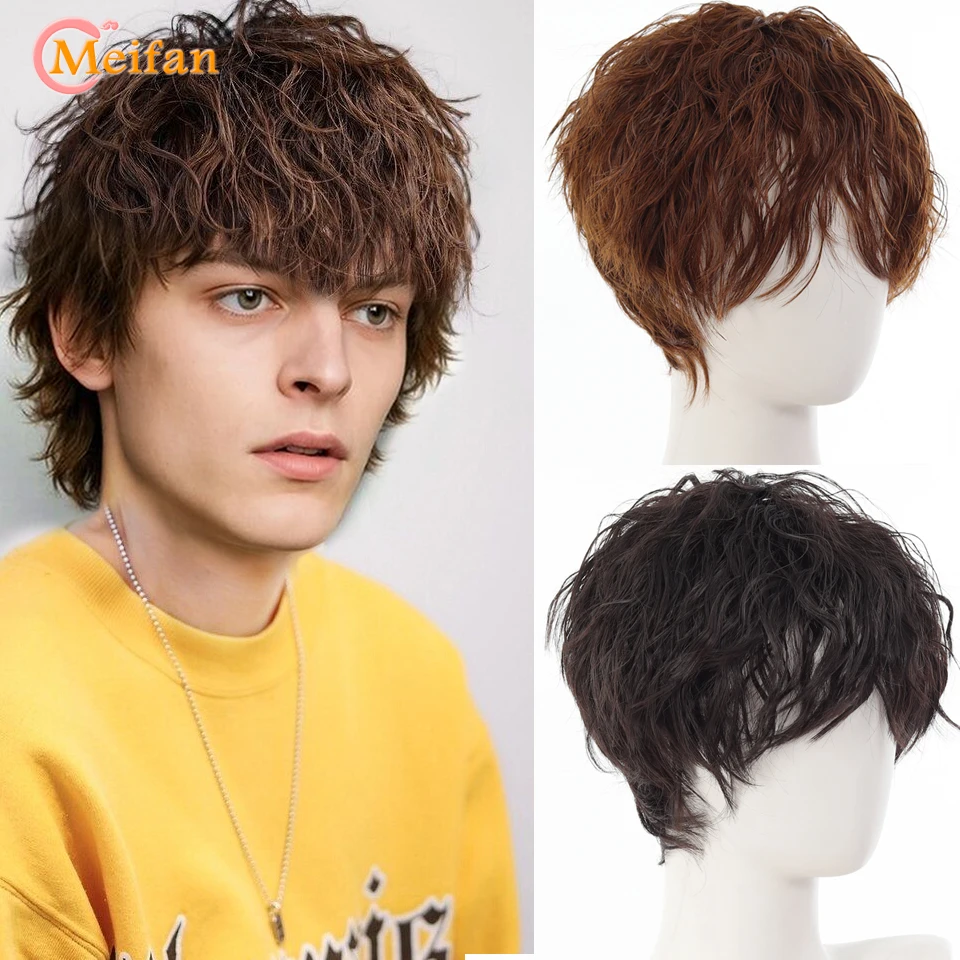 

Short Wavy Wig Brown Synthetic Wig With Bangs Natural Loose Wavy Looking Short Hairpiece Suitable For Men Daily Wear