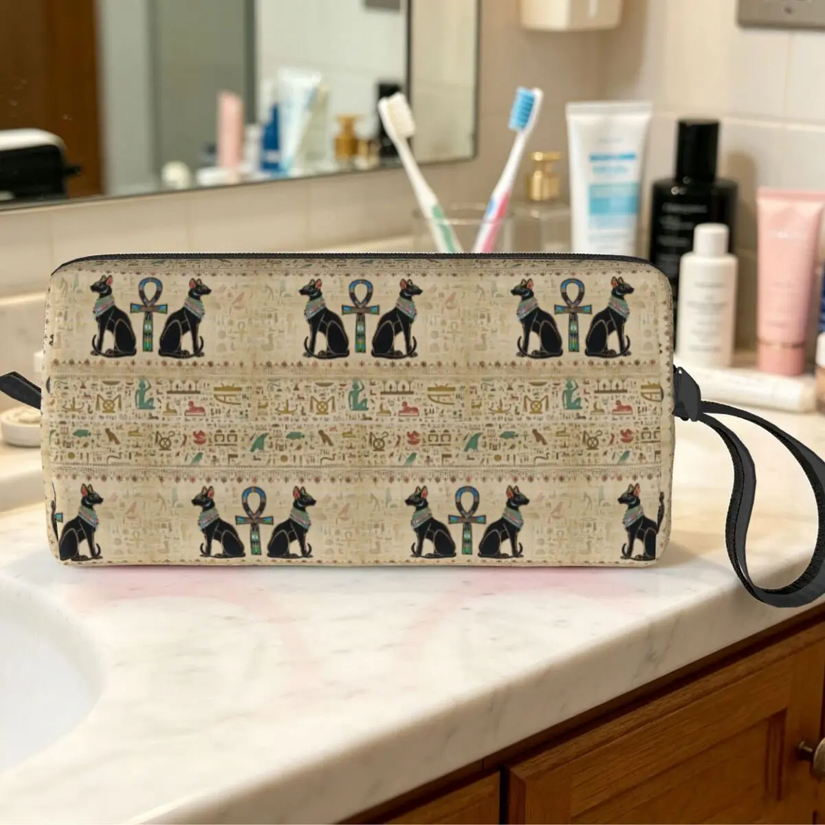 Egyptian Cats And Ankh Cross Makeup Bag Cosmetic Organizer Toiletry Cosmetic Bag for Women Beauty Travel Pencil Case