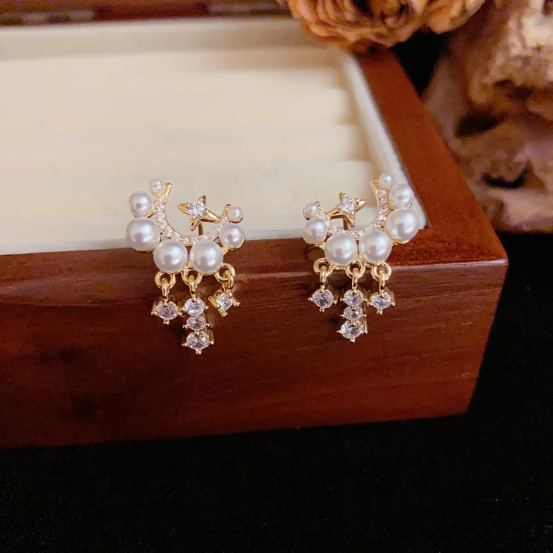 New Korean Version Light Luxury 14K Gold plated Zircon Pearl Moon Star Tassel Drop Earrings For Women Wedding Bohemian Jewelry