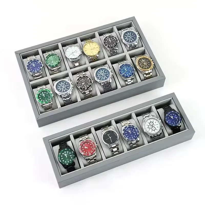 Vassoio espositore per orologi in pelle PU grigia con vassoio espositore per orologi da 30 griglie di grande capacità per riporre gioielli da uomo e da donna